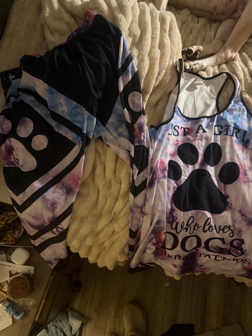 SHEIN Tie-Dye Purple Blue Cream Dog Paw Tank Top and pants set